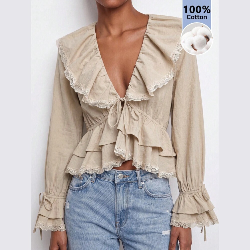 Tan Cotton Lace Trim Ruffle Collar Tie Front Peplum Blouse